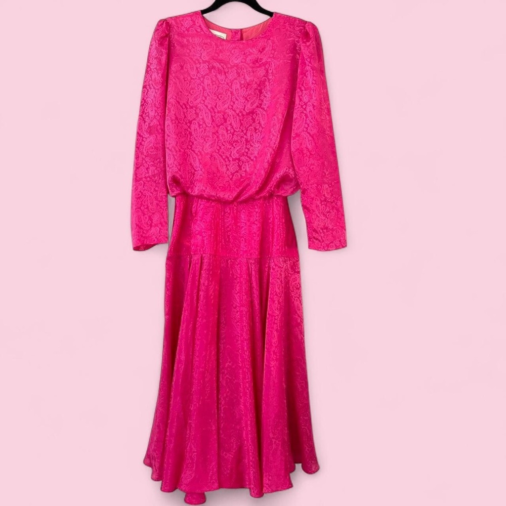 70s Bright Fuchsia Pink Paisley Damask Twirly Dress